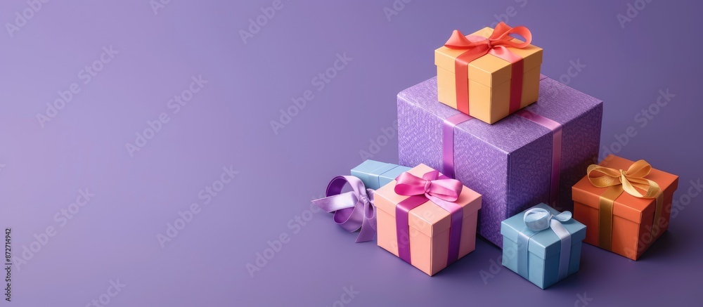 Aufkleber small colored gift boxes with ribbons arranged in a stack on a violet background, with ample copy sp