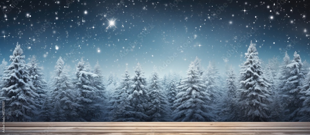 Leinwandbilder Winter holiday background with vintage wooden table in front, suitable for adding text and graphics, with a designated blank area for this purpose in the image. with copy space image