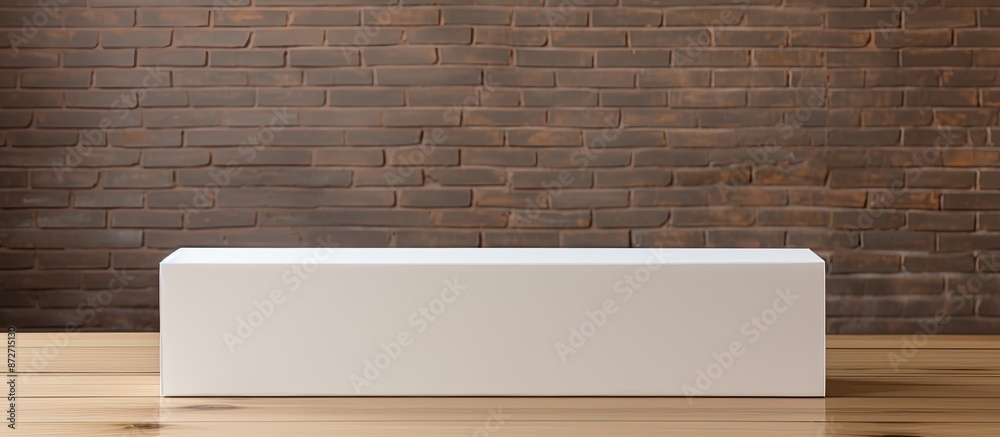 Poster mock-up of a long item's packaging in a white cardboard box on a wooden table with a copy space imag
