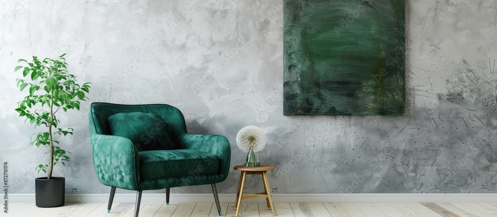 Poster an inviting green armchair sits between a dandelion and a plant, adding a pop of color to the living