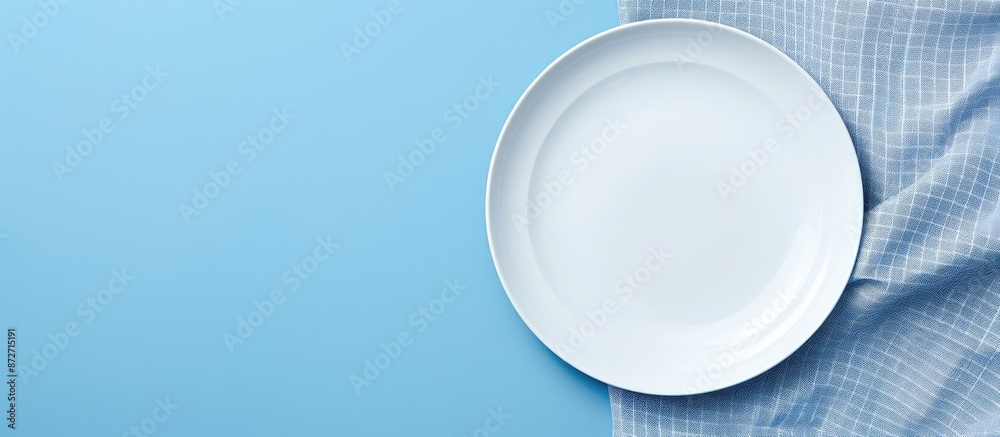 Leinwandbilder a picture showing a clean white plate and a soft cloth napkin set against a blue background provides