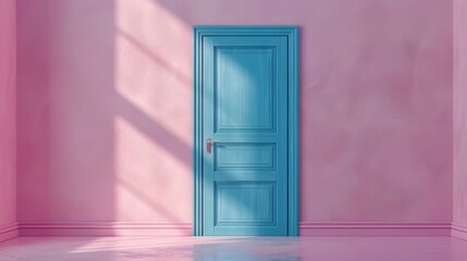 Stylish blue door slightly open, light spilling into a room with a pink pastel wall, 3D render emphasizing modern design, raw finish