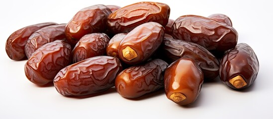 A bunch of big Medjool dates showcased in a closeup, against a white backdrop, with space for additional images.