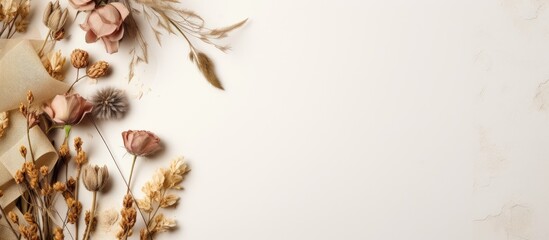 A wedding invitation or greeting card mockup featuring elegant dried flowers, set on a white card with ample space for text or images.