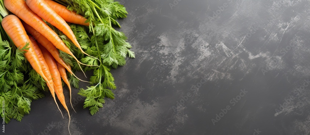 Fototapete top view of fresh carrots on a gray stone background with copy space image available, ideal for text