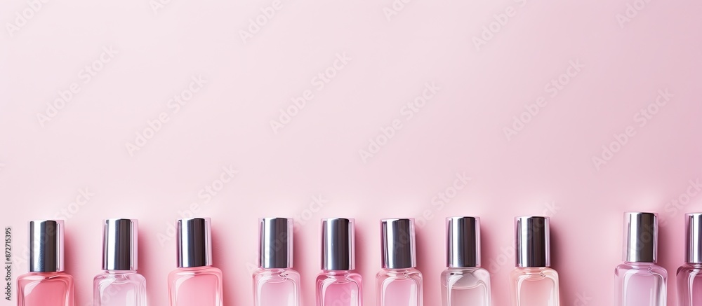 Aufkleber A pastel pink background with an array of vibrant nail polish bottles displayed in a flat lay arrangement with available copy space image.
