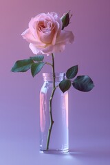 Tender pink rose delicately placed in a glass vase, against a soft purple-pink gradient background, raw and detailed style
