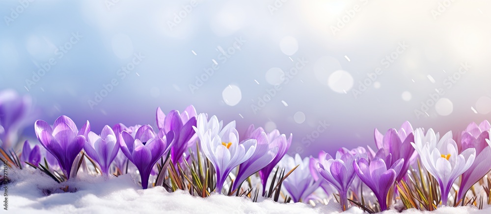 Aufkleber bright violet spring crocus flowers blooming with copy space image of snow in the background.