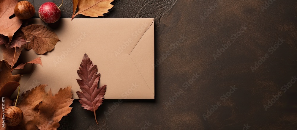 Fototapete autumn theme featuring a kraft paper envelope, oak leaves, and space for text or images, suitable fo