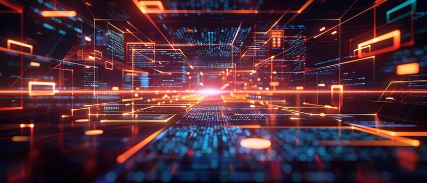 Abstract network grid with files and folders, futuristic software interface, digital document management system, store, search and organize documents