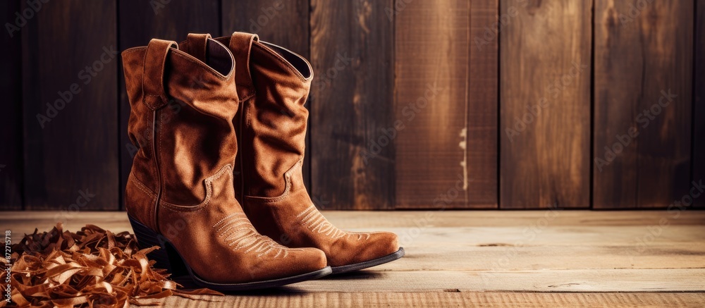 Poster brown suede boots with stylish heels showcased on a wooden background flat lay setting with copy spa