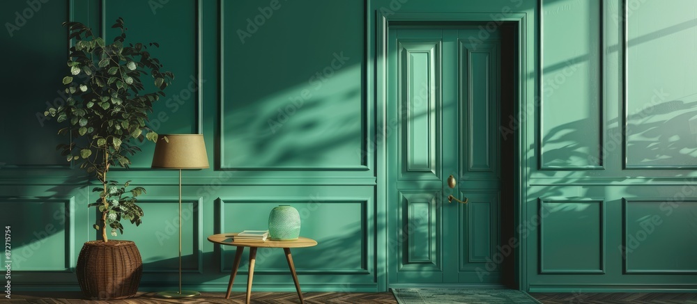 Poster Background style featuring a green door, lamp, frame, and coffee table with copy space image.