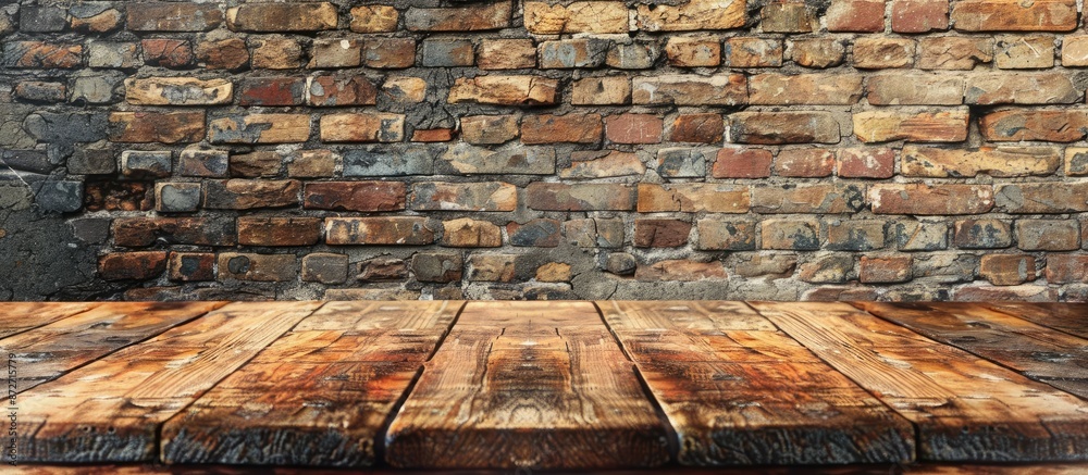 Aufkleber Rustic brick wall in the background creates a vintage backdrop for a wooden table with an empty copy space image perfect for showcasing products in a retro-inspired design layout.