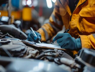 Mechanic conducting an engine inspection and writing down findings on a clipboard