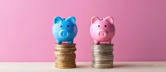 Blue and pink piggy bank on stack of coins - Gender pay equality concept. Copy space image. Place for adding text or design