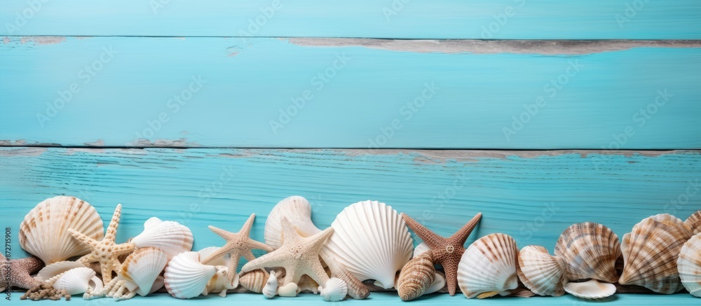 Poster seashells displayed on a backdrop of turquoise wood, with copy space image.