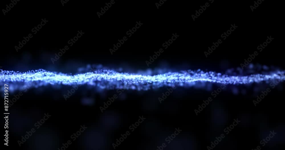 Poster Animation, information stream and networking with blue particles on black background for communication. Digital, future and graphic with cloud computing, data transfer or flow in dark cyberspace