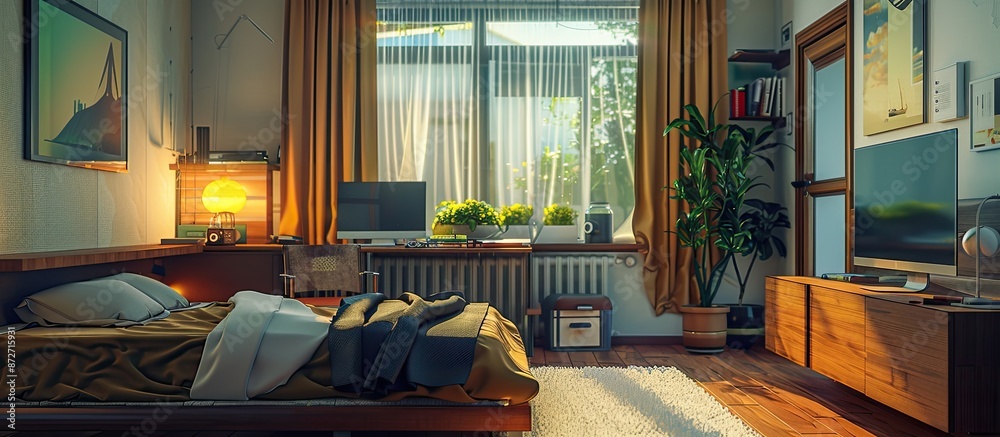 Poster bedroom interior and brown desk . with copy space image. place for adding text or design