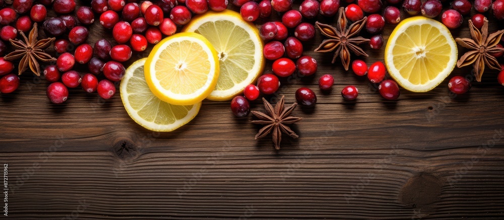 Aufkleber bright lemon slices, anise seeds, and cranberries arranged on a rustic wooden background. the displa