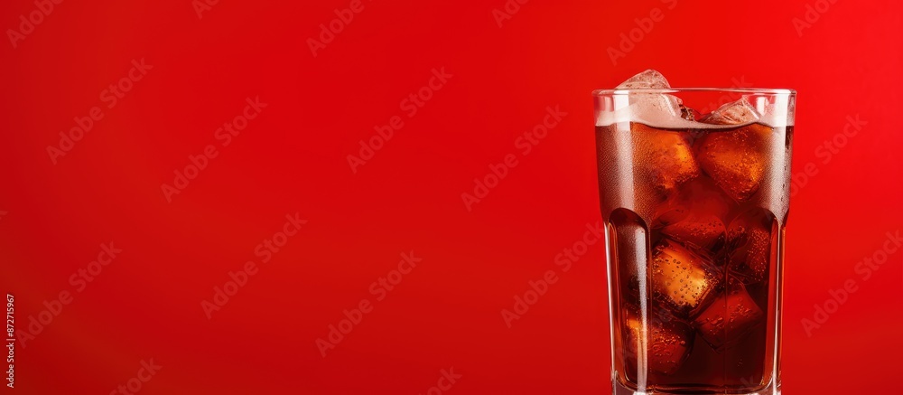 Poster brown carbonated drink, fresh cola with ice on a red background for a copy space image.