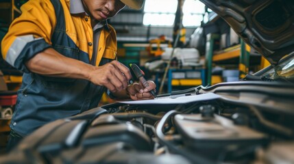 Mechanic in a garage performing a detailed engine check and recording findings