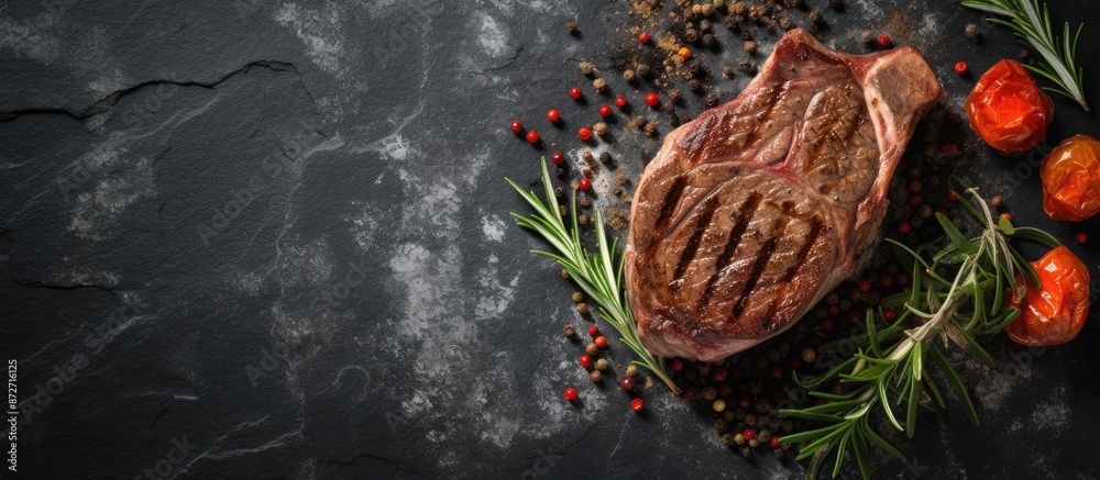 Leinwandbilder Top-down view of a T-bone steak grilled and displayed on a stone table with empty space for text or elements in the image. with copy space image. Place for adding text or design