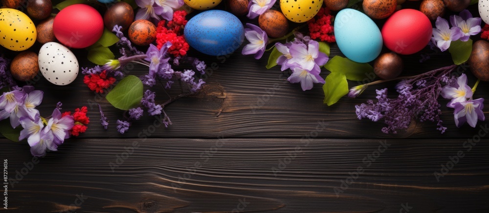 Poster vibrant easter eggs and spring blooms on dark wood backdrop, with copy space image along the bottom 
