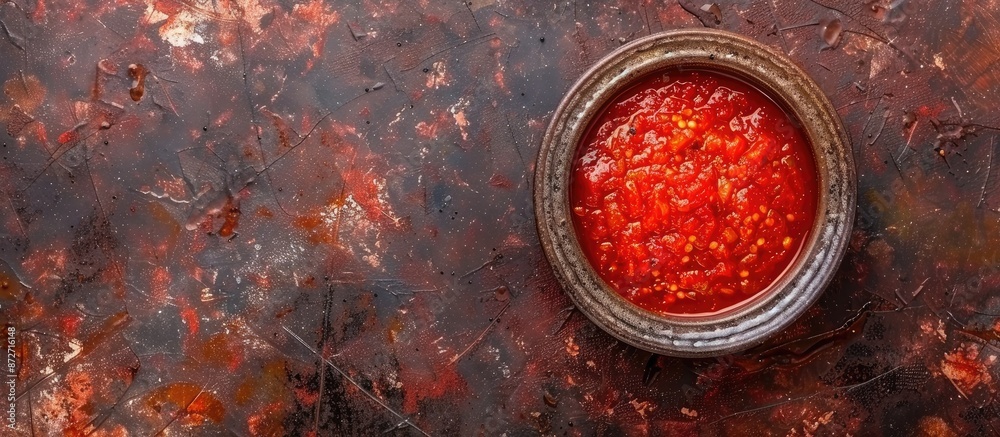 Aufkleber A ceramic bowl of traditional Georgian adjika sauce on a rustic background with empty space for other elements in the image. with copy space image. Place for adding text or design