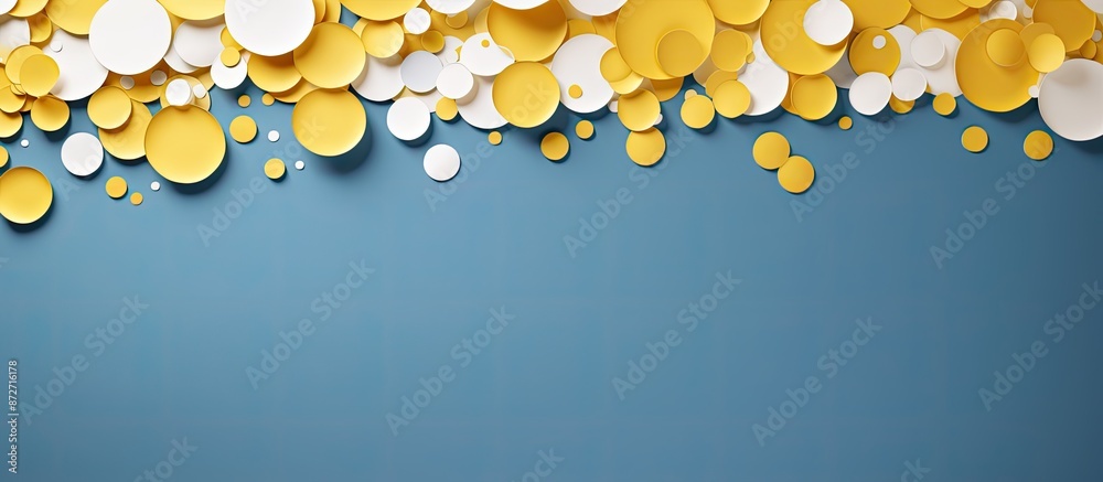 Aufkleber Yellow trendy backdrop adorned with scattered white and blue circular paper confetti, creating a festive atmosphere with ample copy space for images.