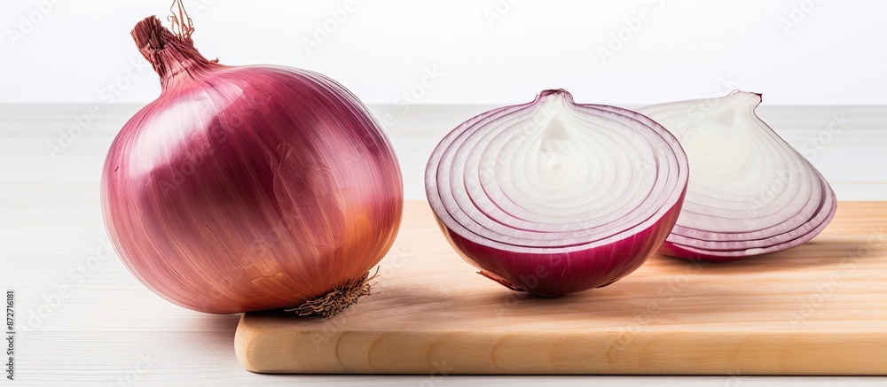 Aufkleber Onion being sliced on a white wooden surface with background space available for your personal image. with copy space image. Place for adding text or design