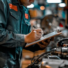 Mechanic performing a detailed engine inspection and writing down findings on a clipboard