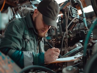 Mechanic performing a detailed engine inspection and writing down findings on a clipboard