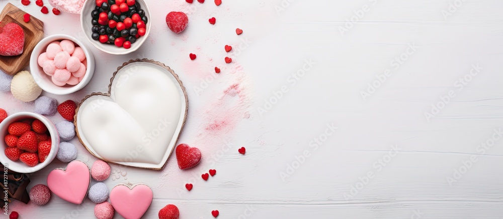 Poster a white paper mockup with text space surrounded by baking ingredients for cakes, reflecting the idea