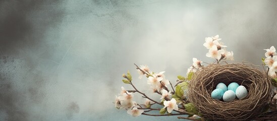 An Easter-themed background featuring a nest with an egg, offering ample copy space for personalized text.
