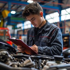 Mechanic with a clipboard, checking the engine in a workshop