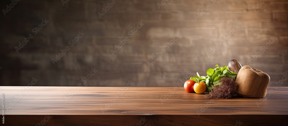 Poster wooden table with a cutting board, providing a copy space image in the background.