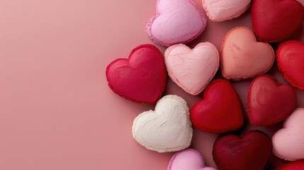 Obraz premium Assorted heart-shaped macarons on a pink background