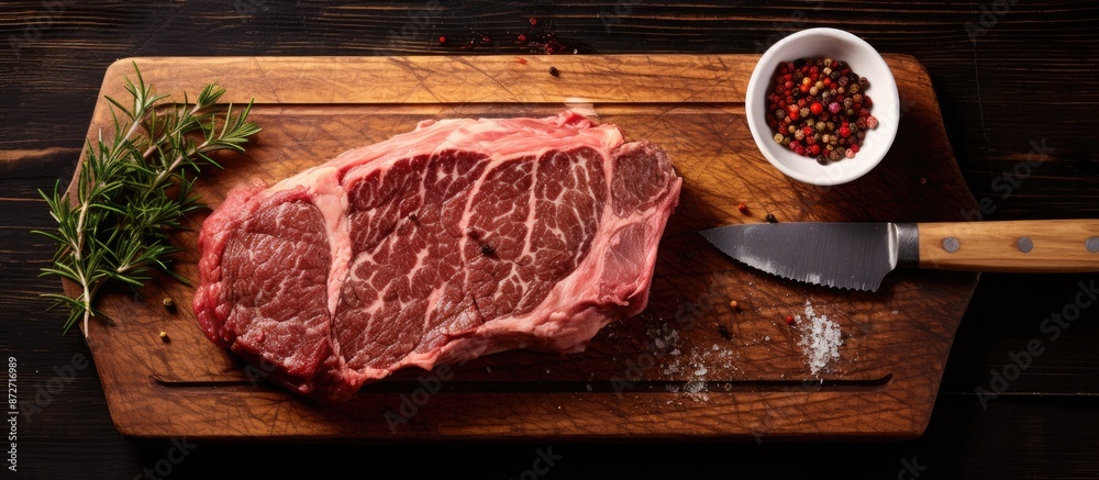 Aufkleber Marbled beef striploin steak displayed on a rustic meat cleaver, set against a wooden background in a top view perspective with copy space image.