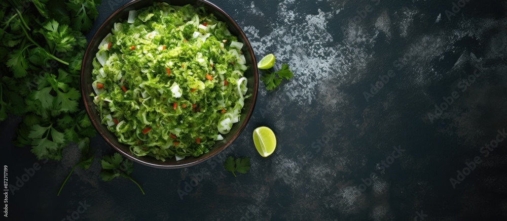 Leinwandbilder Top view of a bowl containing a salad with savoy cabbage and green onion, with an empty space for text or other elements in the picture. with copy space image. Place for adding text or design