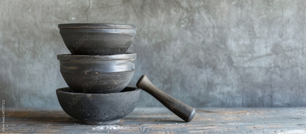 Poster Stacked bowls and mortar and pestle. with copy space image. Place for adding text or design