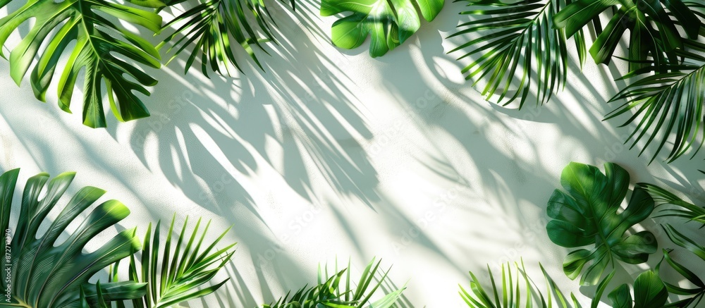 Aufkleber artistic arrangement of vibrant tropical leaves on a white backdrop illuminated by sunlight, casting