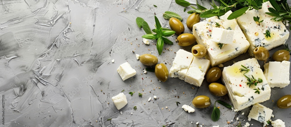 Poster feta cheese with olives and green herbs on gray marble background. copy space image. place for addin