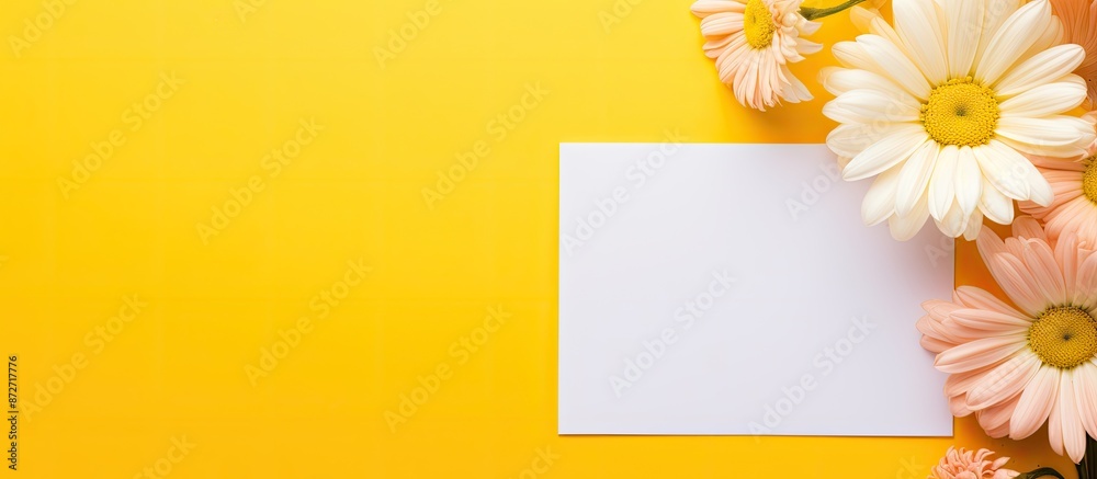 Poster Yellow pastel background with copy space image displaying an empty frame, office supplies, and a flower in a flat lay arrangement.