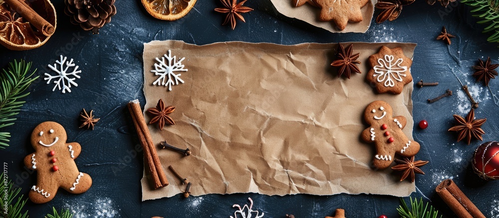 Poster top view christmas-themed background with gingerbread cookies, snowflakes, spices, and a blank sheet