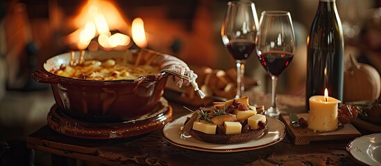 Home-prepared cheese fondue with a rustic ambiance, served alongside a jug of spiced red wine, creating a cozy setting, ideal for a warm gathering. with copy space image