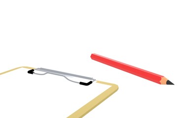 brown plastic clipboard with blank paper and red pencil isolated background 3d render illustration	
