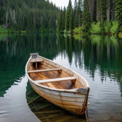 Obraz premium Serene mountain lake with wooden boat