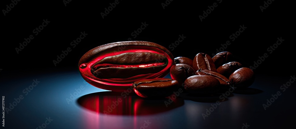 Poster Neon light highlights a close-up of a roasted coffee bean with space for text or images. with copy space image. Place for adding text or design