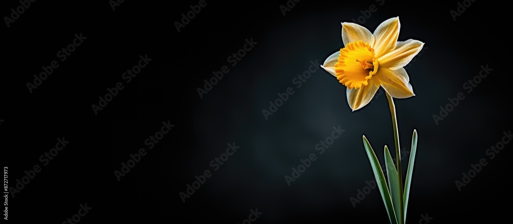 Poster a solitary daffodil bloom against a dark backdrop, with ample copy space image.