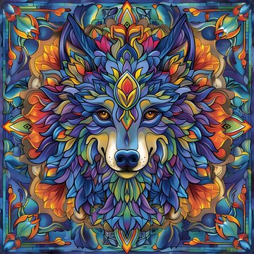 Psychedelic Wolf Face with Vibrant Patterns and Mystical Undertones